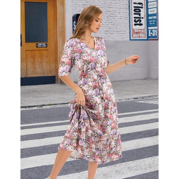 Women Boho Floral Maxi Dress Summer Beach Casual V-Neck Short Sleeve - Picture 4 of 7